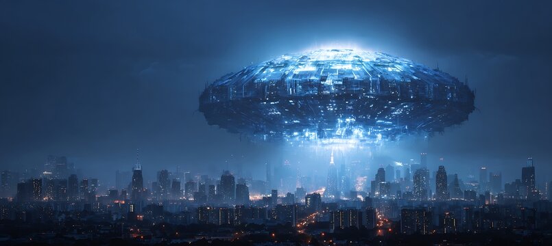 Massive Futuristic Spaceship Hovers Over a Densely Populated City at Night