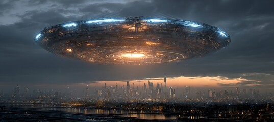 Massive alien spaceship hovers ominously over a sprawling futuristic city at dusk