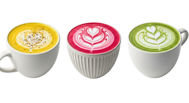 Three colorful latte art isolated on transparent background
