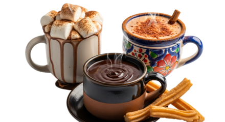 Three mugs of hot chocolate isolated on transparent background