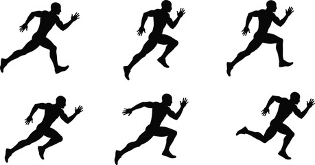 Running man silhouette vector set, sprint poses, athlete motion, fitness exercise, sports training action, track runner illustration pack