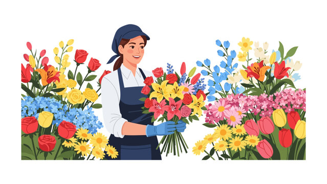 Blooming Artisan: A skilled florist arranges a vibrant bouquet amidst a colorful array of fresh blooms, embodying the artistry and passion of floral design. - Powered by Adobe