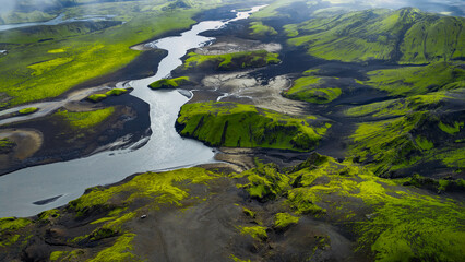 Aerial View of Iceland's Volcanic Landscape with Winding River
