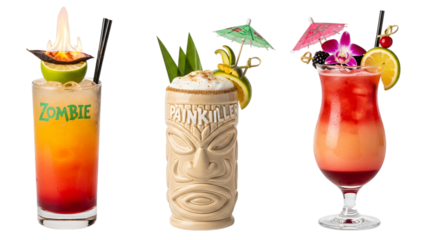 Three tropical cocktails isolated on transparent background