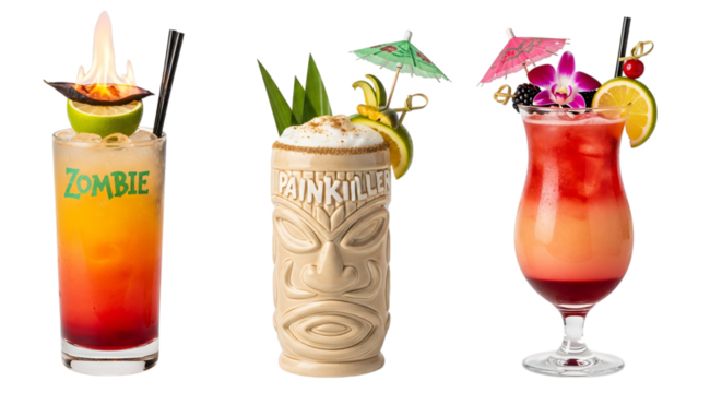 Three tropical cocktails isolated on transparent background