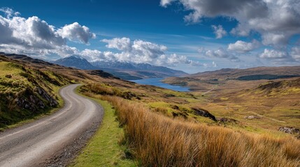 Winding road through a vast, scenic landscape with mountains, lake, and dramatic clouds under a clear blue sky.