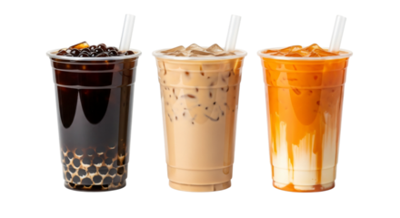 Three cups of bubble tea isolated on transparent background, different flavors