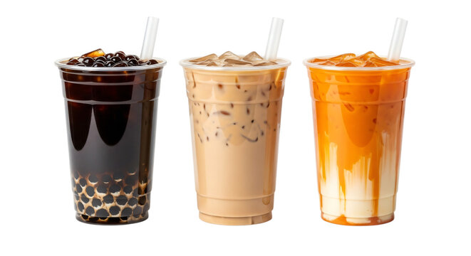 Three cups of bubble tea isolated on transparent background, different flavors