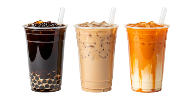 Three cups of bubble tea isolated on transparent background, different flavors