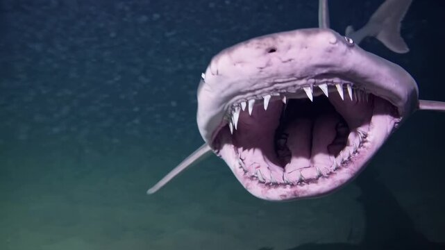 Underwater video scene of a shark swimming in deep ocean. Captured from a side angle, highlighting the mysterious and serene marine environment.