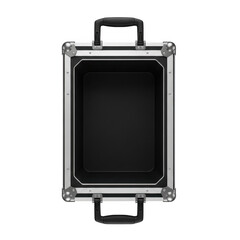 Top down view of an empty black and silver flight case for equipment transportation transparent