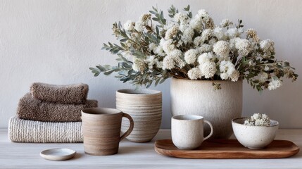 Rustic ceramic set with white flowers and towels on wooden surface