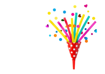 Vibrant red party horn with white polka dots, dynamic yellow, fuchsia, teal streamers exploding, scattered reflective confetti on transparent background, copy space. Festive celebration concept