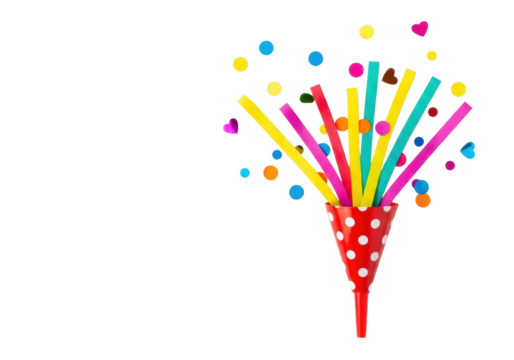 Vibrant red party horn with white polka dots, dynamic yellow, fuchsia, teal streamers exploding, scattered reflective confetti on transparent background, copy space. Festive celebration concept