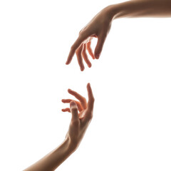 Two human hands reaching toward each other against a transparent background touching concept