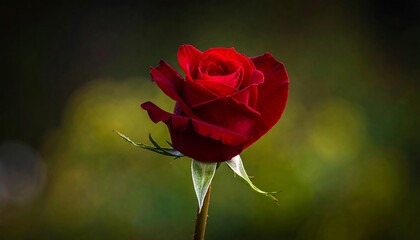 Velvet red rose blooms, center. Stem ascends to the blossom. Bokeh blur backdrop, green & yellow tones