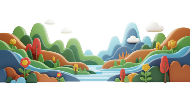 Whimsical 3D landscape with rolling hills, vibrant flowers, and floating clouds against a black backdrop