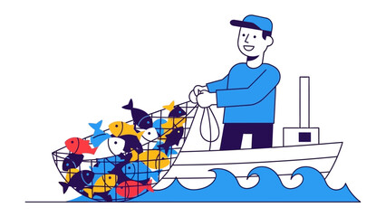 Fishing Harvest: A determined fisherman skillfully hauls a bountiful catch of colorful fish aboard a vessel, epitomizing the culmination of a successful day's work at sea.