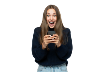 Smiling young woman using smartphone isolated on white background, cheerful casual female portrait with mobile phone in hands