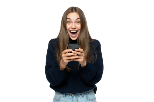 Smiling young woman using smartphone isolated on white background, cheerful casual female portrait with mobile phone in hands