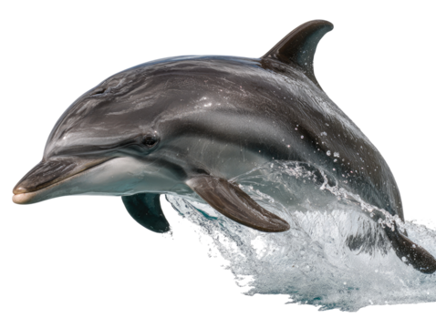 A leaping dolphin, dark gray and light gray, emerges from water spray