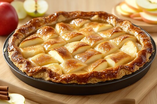A rustic apple pie with golden crust, served on a wooden board with cinnamon sticks and sliced apples around 