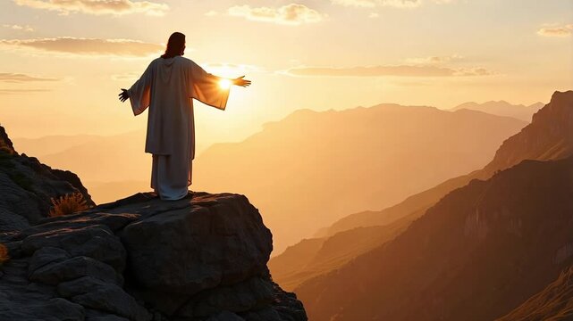 Experience divine inspiration with Jesus's powerful sermon atop a majestic mountain, a serene 4K video capturing faith, hope, and spiritual guidance
