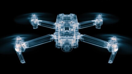 Futuristic x ray illustration of unmanned drone quadcopter revealing internal structure and mechanics
