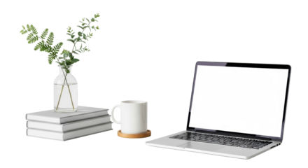 Sleek silver laptop, white mug, grey books, green foliage on a minimalist white desk with a transparent background and soft natural light. Concept of serene modern workspace