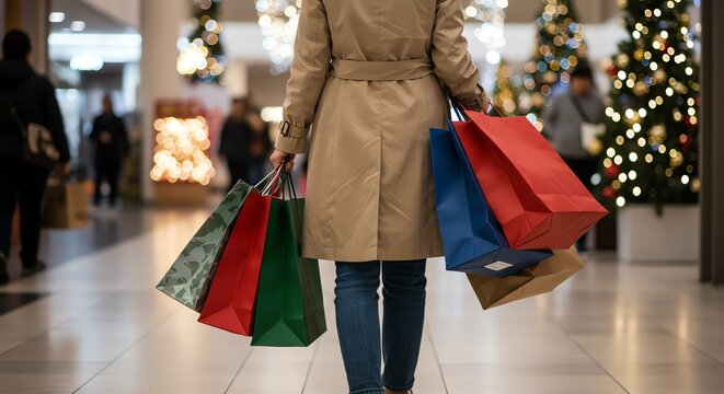 Person carrying shopping bags in decorated mall