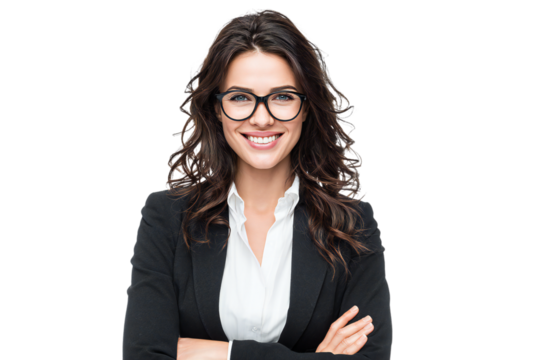 Smiling young businesswoman with glasses in formal suit and white shirt, confident professional portrait, isolated on white background