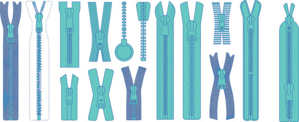Zipper vector set, different types of zippers for fashion design, CAD flat sketch, technical garment detail drawing template © CreativeArtist