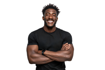 Smiling muscular young man in black t-shirt with arms crossed, confident fitness portrait, isolated on white background