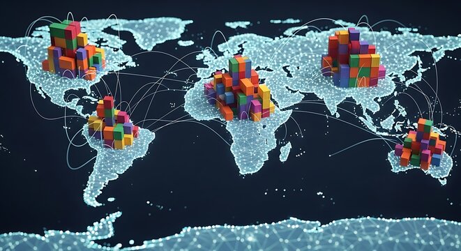 Global network of colorful spheres representing connections across continents on world map - Powered by Adobe