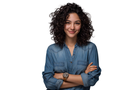 Smiling young woman with curly hair in denim shirt with arms crossed, confident casual portrait, isolated on white background