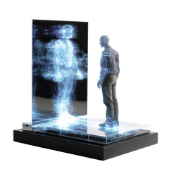 A person stands before a reflective surface, displaying a translucent, ethereal image of another person within