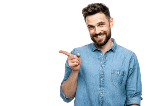 Smiling young man with beard in denim shirt pointing finger to the side, cheerful expression, isolated on white background
