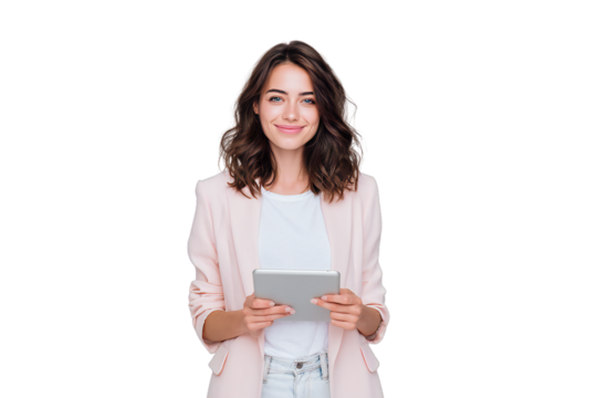 Smiling young woman in blazer holding digital tablet, professional casual style, isolated on white background