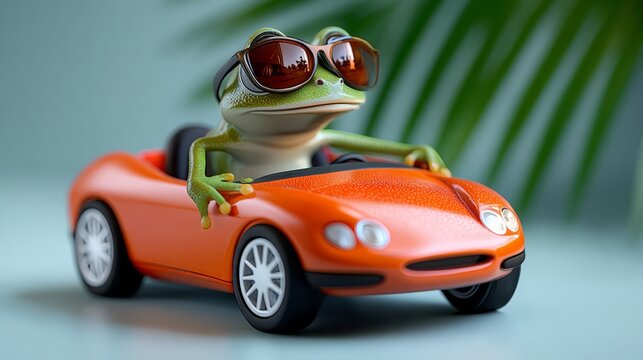 Frog is sitting in a red car with sunglasses on. The frog is wearing a pair of sunglasses and is sitting in the driver's seat