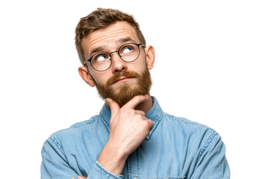 Thoughtful young man with beard and glasses in denim shirt looking up with hand on chin, isolated on white background