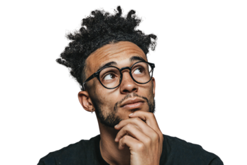 Thoughtful young man with glasses and curly hair looking up, hand on chin, isolated on white background