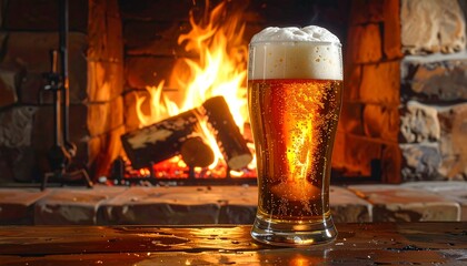 Beer near a cozy fireplace