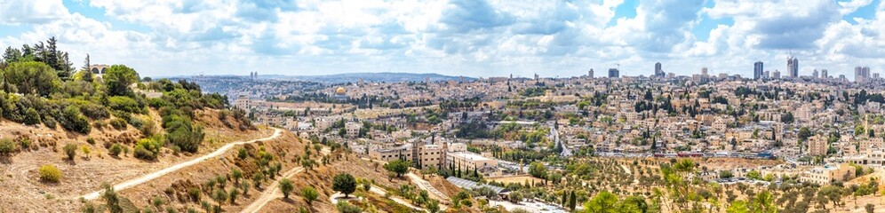 Panoramic view from Mount Scopus of the historical neighbourhoods of the center of Jerusalem and the Old City with the Dome of the Rock, Israel