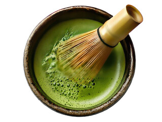 Green matcha tea in a bowl, whisked