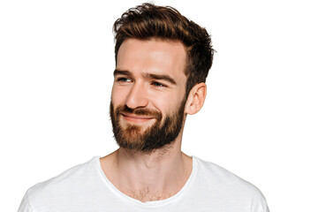 Obraz premium Smiling handsome young man with beard looking away, casual style in white t-shirt, isolated on white background
