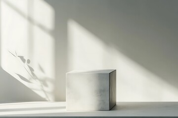 A compact square podium, clean and empty, placed on white flooring.
