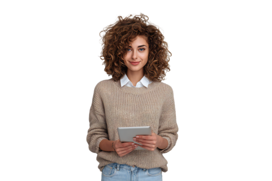 Smiling young woman with curly hair holding digital tablet, casual style with sweater and jeans, isolated on white background - Powered by Adobe