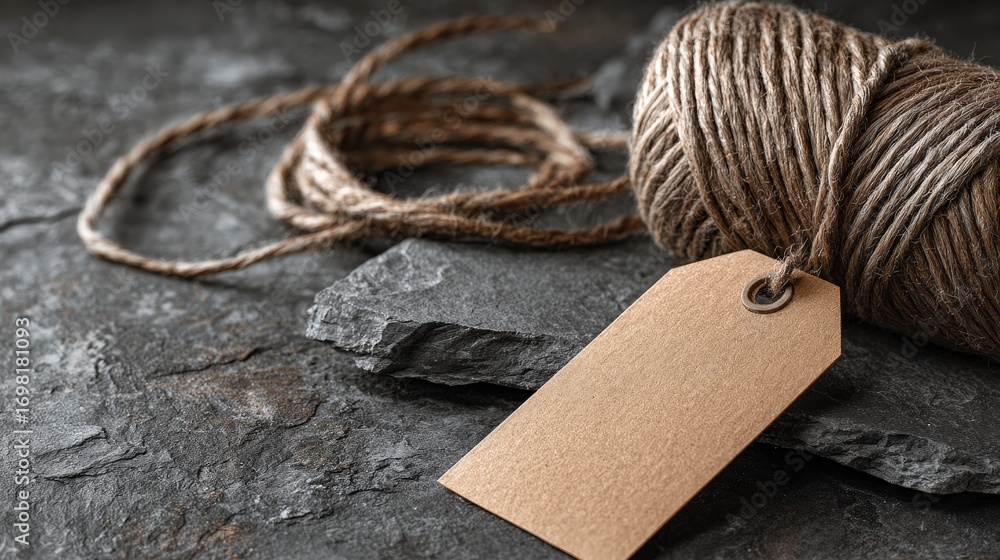 Poster a ball of twine and a blank tag on dark textured stone, creating a rustic and natural aesthetic.