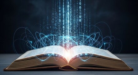 Open book radiating digital information streams symbolizing knowledge and data growth