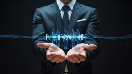 Business professional presenting a glowing digital network of people, symbolizing connection and collaboration in a modern corporate setting